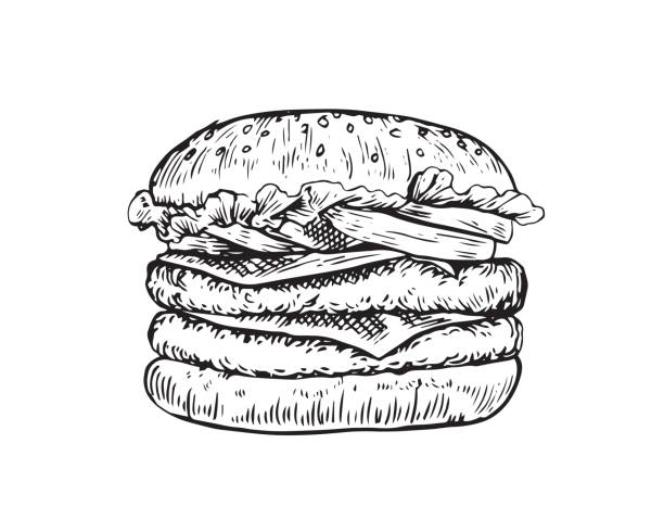 stockillustraties, clipart, cartoons en iconen met vintage hand tekening hamburger illustratie - plate hamburger