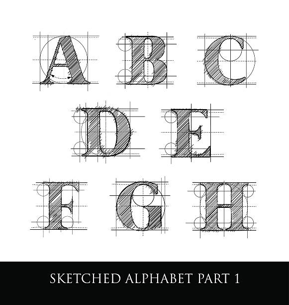 Vintage hand sketched serif letters with guidelines Vintage hand sketched alphabet letters with guidelines and proportional markings. architecture symbols stock illustrations