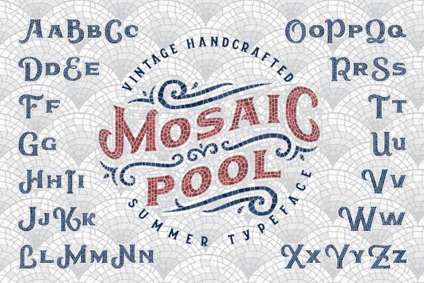 Vintage handcrafted summer typeface "Mosaic Pool" with seamless pattern tiles background Vintage handcrafted summer typeface "Mosaic Pool" with seamless pattern tiles background mosaic stock illustrations