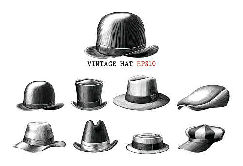 Vintage hat collection  hand draw engraving style black and white clipart isolated on white background