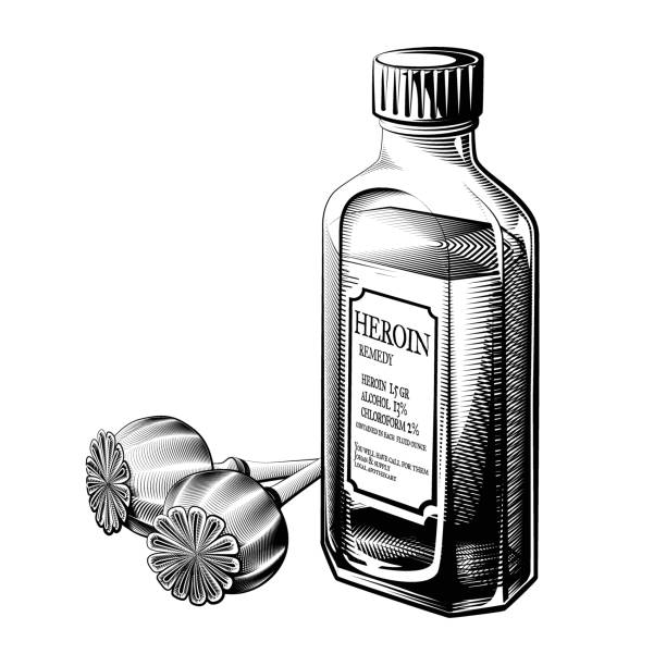 Vintage heroin bottle Vintage heroin drug bottle and opium poppies vector. Ink illustration of a liquid drug. heroin stock illustrations