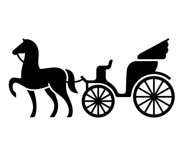 Vintage horse drawn carriage Vintage horse drawn carriage. Stylized silhouette of horse and passenger buggy. Black and white isolated vector illustration. carriage stock illustrations