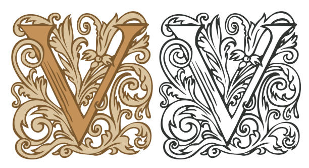 Vintage initial letter V with baroque decoration Initial letter V with vintage Baroque decorations. Two vector uppercase letters V in beige and black-white colors. Beautiful filigree capital letter to use for monogram, logo, emblem, card, invitation drawing of a fancy letter v stock illustrations
