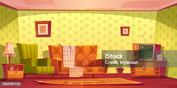 istock Vintage interior of living room with couch and tv 1303787722