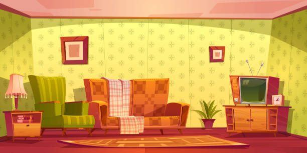 illustrazioni stock, clip art, cartoni animati e icone di tendenza di interni vintage del soggiorno con divano e tv - case antiche