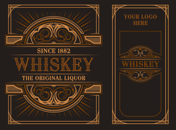 Vintage label template for whiskey. Vintage label template on a dark background. On the front and back side. All elements in separate groups alcohol drink borders stock illustrations