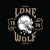 monochrome antique hipster vintage label , badge, crest "lone wolf" for flayer poster logo or t-shirt apparel clothing print with lettering ribbon scroll