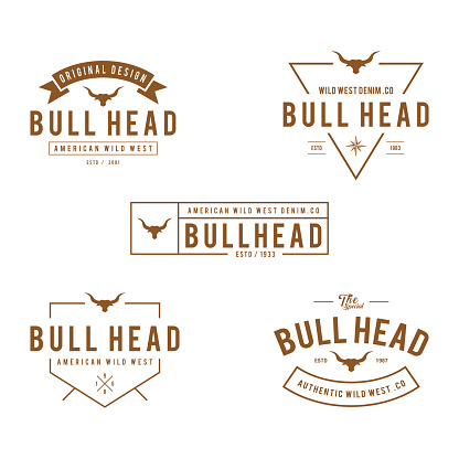 Vintage label with silhouette of bull head, Texas Wild West theme in white background