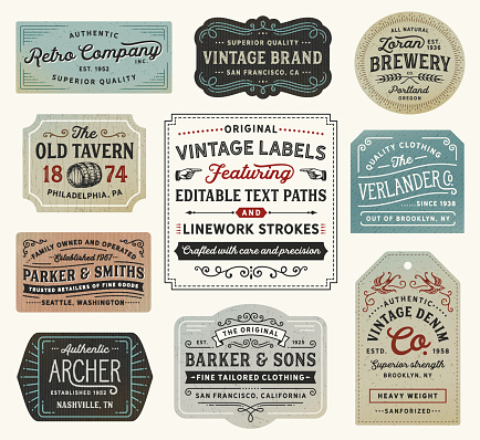Retro labels, signs, frames, banners and badges. EPS 10 file. Fonts used: Hanley Font Collection. File is layered and global colors used. AI CS file included with editable text paths. More works like this linked below.