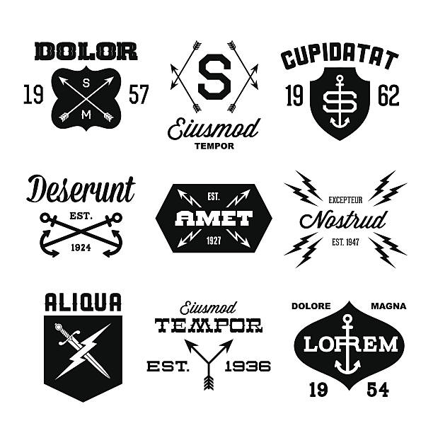 Vintage labels in black and white vintage labels with arrow, shield, lightning, anchor lightning silhouettes stock illustrations