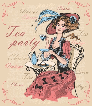 Vintage lady in a hat drinking tea. Lady in crinoline. Tea party. Charm. Vintage. Inscriptions.  Time to drink tea. Vector