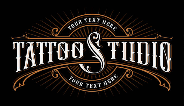 Vintage lettering of tattoo studio Vintage lettering of tattoo studio. icon template on dark background. Text is on the separate group. store borders stock illustrations