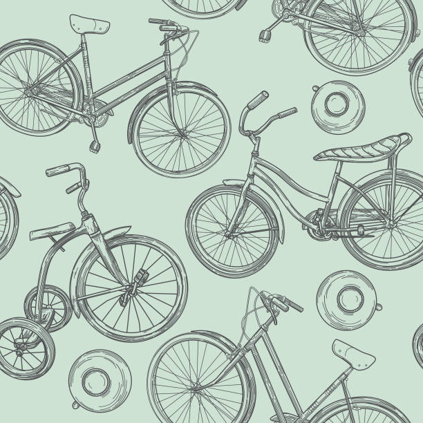 Vintage Line Art Bikes and Bells Seamless Pattern A seamless retro-looking line artwork pattern of three different types of bicycles and bike bells. cycling patterns stock illustrations