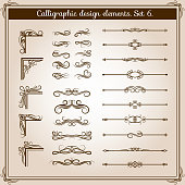 Vintage linear vector ornate decorative elements. Retro flourish line dividers, corners and swirls for page decoration. Illustration of retro elements for typographic design
