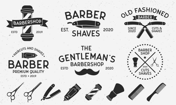 6復古標誌範本和8個設計項目的理髮店, 理髮沙龍。理髮店, 理髮師, 理髮沙龍標誌範本。向量例證 - 剪髮師 幅插畫檔、美工圖案、卡通及圖標