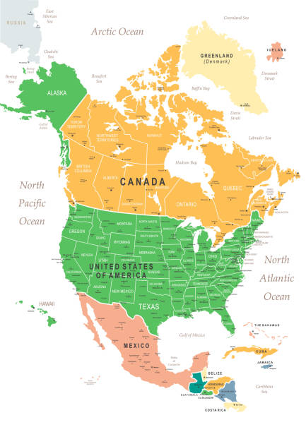 Vintage Map of North America North America Map with vintage colours, borders, sea and oceans north america stock illustrations