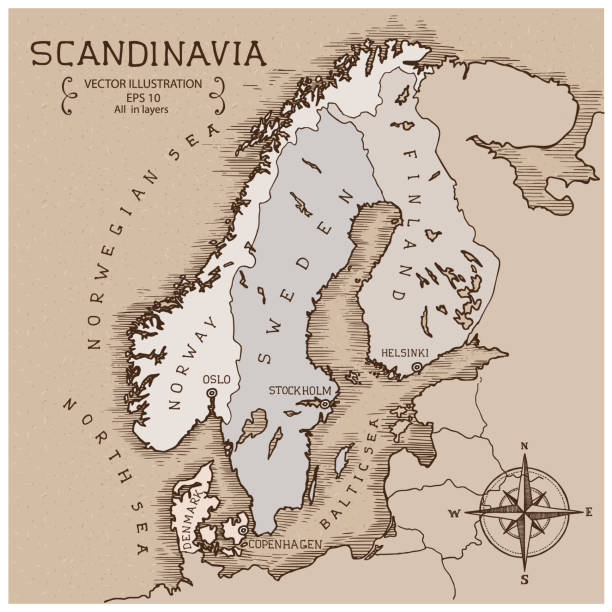 vintage map of scandinavia. - uusimaa 幅插畫檔、美工圖案、卡通及圖標