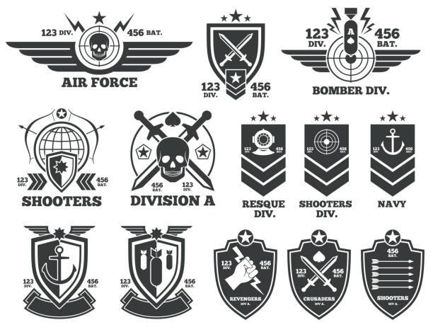 Vintage military vector labels and patches Vintage military vector labels and patches. Emblem and military badge, patch insignia for army and military air force illustration military borders stock illustrations