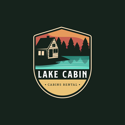 Vintage modern outdoor emblem with lake view and cabin house in forest logo icon vector, cottage hut cabin logo template on dark background