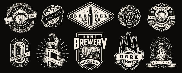 Vintage monochrome brewery prints Vintage monochrome brewery prints with barley ears beer bottles wooden barrels can caps hop cones isolated vector illustration beer stock illustrations