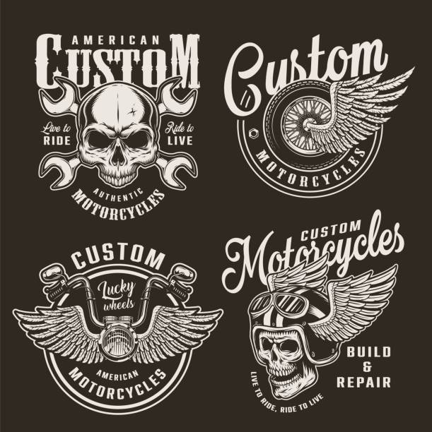 stockillustraties, clipart, cartoons en iconen met vintage monochrome custom motorfiets logo's - motorfietser
