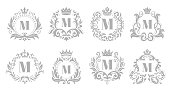Vintage monogram emblem. Luxury ornate silver logo, heraldic monograms and old king royal crown emblems. Jewelry ornamental, wedding heraldry monogram. Vector illustration isolated icons set