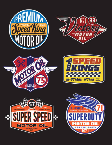 ilustraciones, imágenes clip art, dibujos animados e iconos de stock de vintage motor oil signs and label set - insignia símbolo