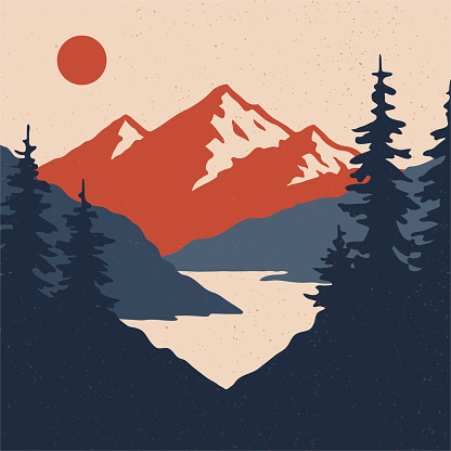 Vintage mountain landscape with sun, mountains and forest. Vector illustration.