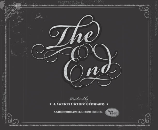 Vintage movie The End screen design template Vector illustration of an old movie 'The End' screen. Features textures and dust and scratches. Features decorative 'The End' words and sample text below for customization. film texture stock illustrations