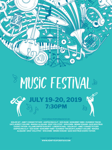 Vintage music festival vector poster template Vintage music festival vector poster template. Woodwind orchestra performance brochure. Sax and trumpet players and musical instruments illustration. Blues band live show, cultural event flyer concert stock illustrations