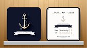 Vintage Nautical Anchors Wedding Invitation Card in Navy Blue Theme on Wood Background