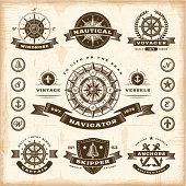 A set of fully editable vintage nautical labels and badges in woodcut style. EPS10 vector illustration. Includes high resolution JPG.