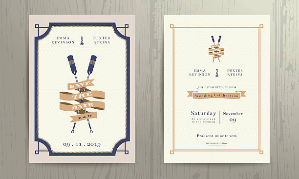 stockillustraties, clipart, cartoons en iconen met vintage nautical twin paddles ribbon wedding invitation card template - nautische stijl