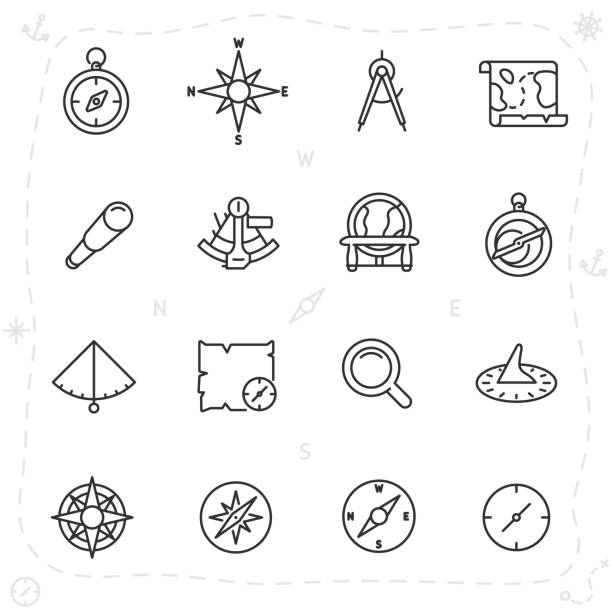 vintage navigation and measuring devices for seafarer, icon set. compass, astrolabe, sextant and others, linear icons. Line with editable stroke vintage navigation and measuring devices for seafarer, icon set. compass, astrolabe, sextant and others, editable stroke exploration stock illustrations