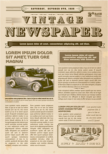 Vector illustration of a front page of an old newspaper cover page. Use this layout template to design your own custom newspaper. Includes sample masthead, text headlines, advertisements and copy. Also includes old fashioned decorative design elements. Very textured and rough background. Separate layers for easy editing.
