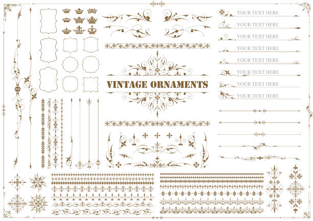 vintage ornament set 03 frame and ornament. seamless border. old fashioned stock illustrations