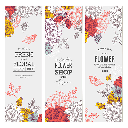 Vintage peony flower banner collection. Linear graphic floral banner set.
