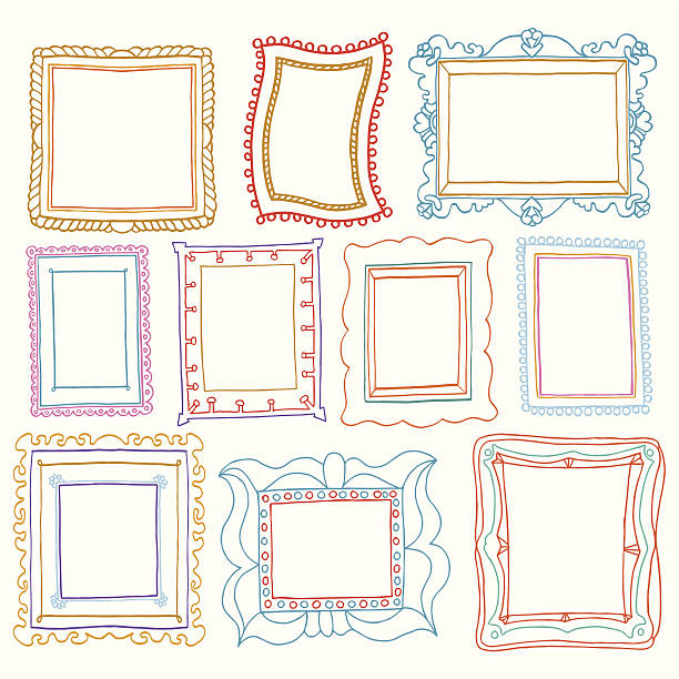 Vintage photo frames set, drawing doodle style Vintage photo frames set, drawing doodle style, antigue ornamental and cute photo colored frames for decoration and design child borders stock illustrations