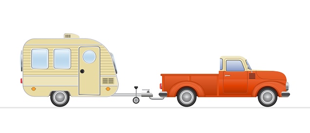 Vintage pickup truck and caravan vector illustration isolated on white background.