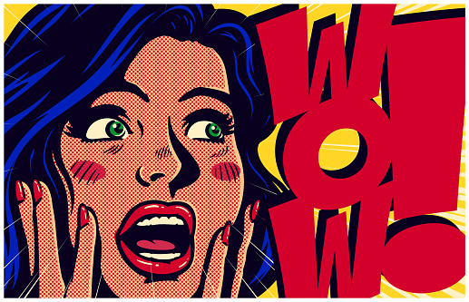 Vintage pop art style comic book panel with excited and surprised woman saying wow looking at something amazing retro vector illustration