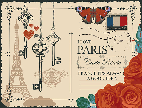 Vintage postcard with eiffel tower, roses and keys