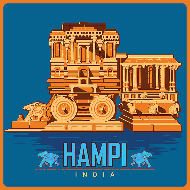 stockillustraties, clipart, cartoons en iconen met vintage poster of hampi in karnataka famous monument  india - hampi