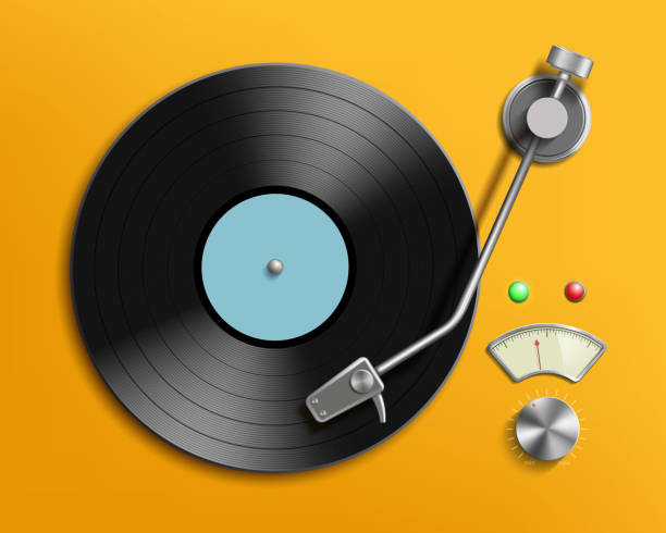 Vintage record player with retro vinyl disc Vintage record player with retro vinyl disc. Vector realistic illustration. turntable stock illustrations