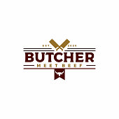 istock Vintage Retro Butcher shop label. With crossed cleaver, cross knife Inspiration symbol design. Template Vector Illustration. Icon, Meat market, Meat Store, Kitchen Knife, Knife - Weapon, Table Knife, Butcher 1289275765