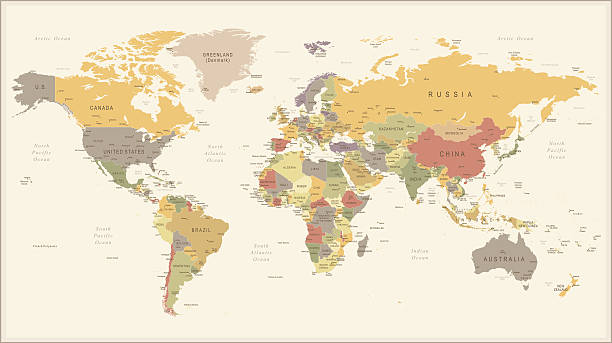 винтаж ретро карта мира - иллюстрация - крупный план stock illustrations