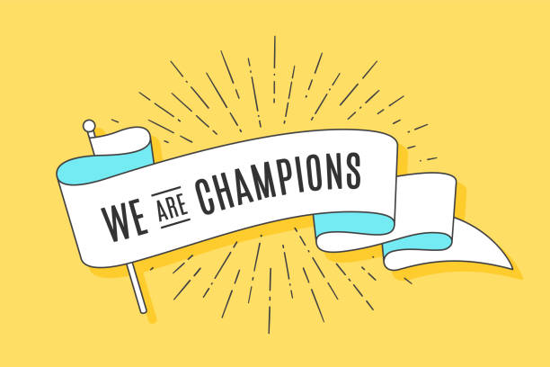 Vintage ribbon flag We are Champions Vintage flag. Trendy ribbon flag with text We are Champions and linear drawing of sun rays, sunburst. Colorful old banner with ribbon flag, hand-drawn element for sport design. Vector Illustration trophy award stock illustrations