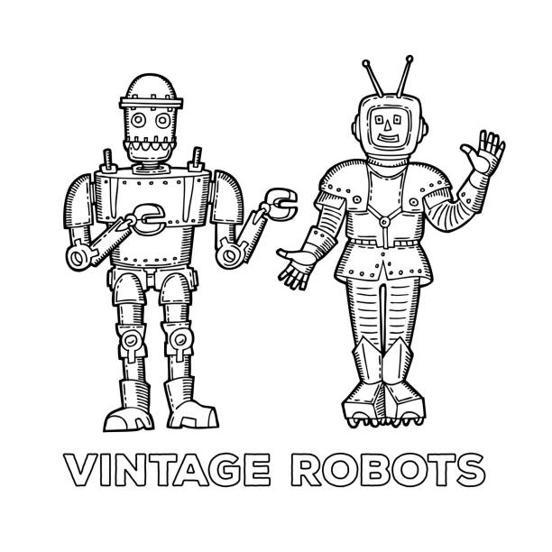 Vintage robots Retro robots set. Printable version. Funny vintage robotics collection. Friendly sketch mechanical toys. robot clipart stock illustrations