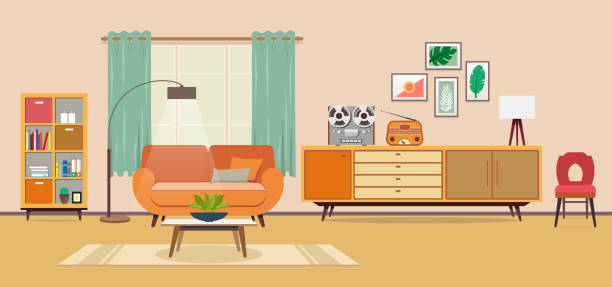 vintage zimmer - wohnzimmer stock-grafiken, -clipart, -cartoons und -symbole