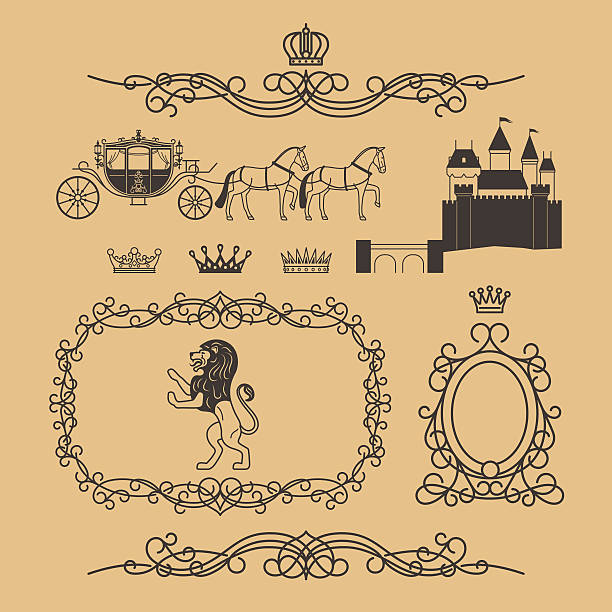 Vintage royal and princess decor elements Vintage royal elements and princess decor elements in line style. Vintage royalty frame with crown, princess castle and royal lion. Vector illustration horse borders stock illustrations