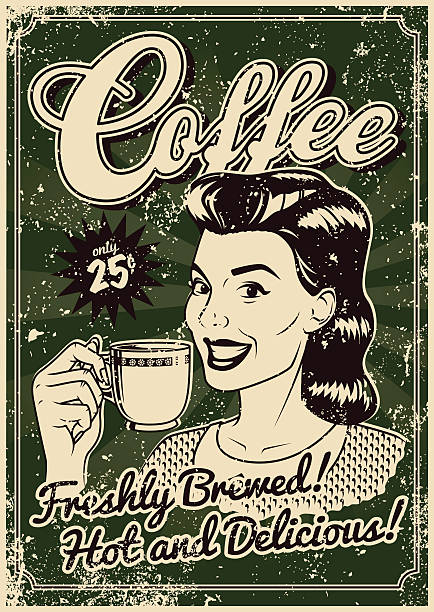 stockillustraties, clipart, cartoons en iconen met vintage screen printed coffee poster - woman drinking coffee